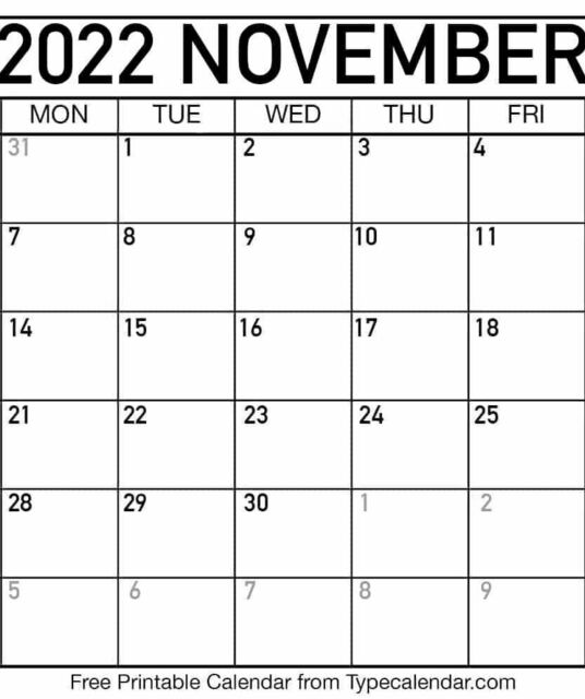 avatar November Calendar 2022 Printable